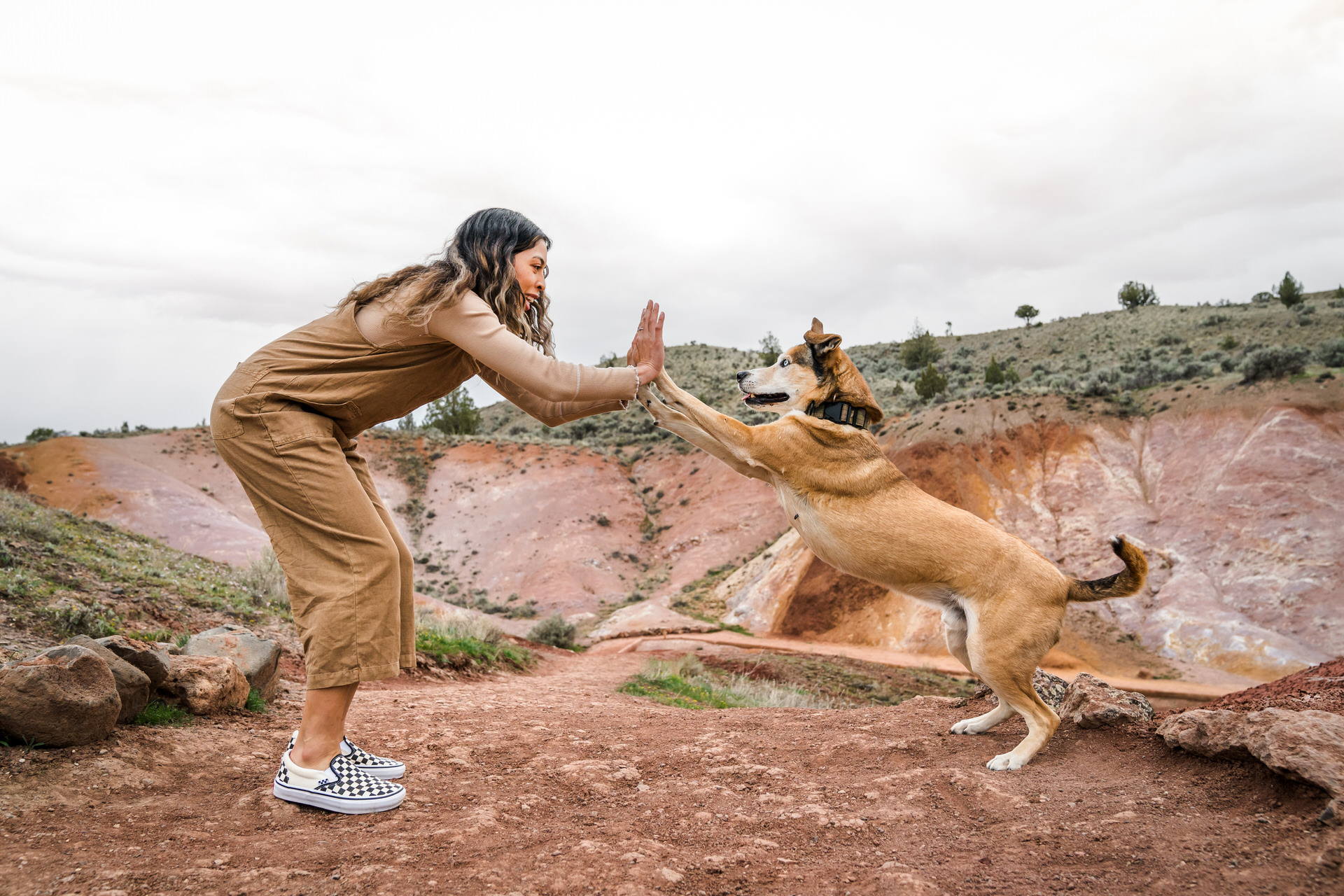 woman and her dog high fiving