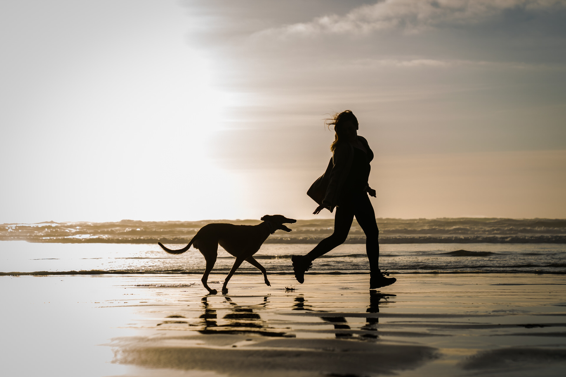 woman and dog run on beach