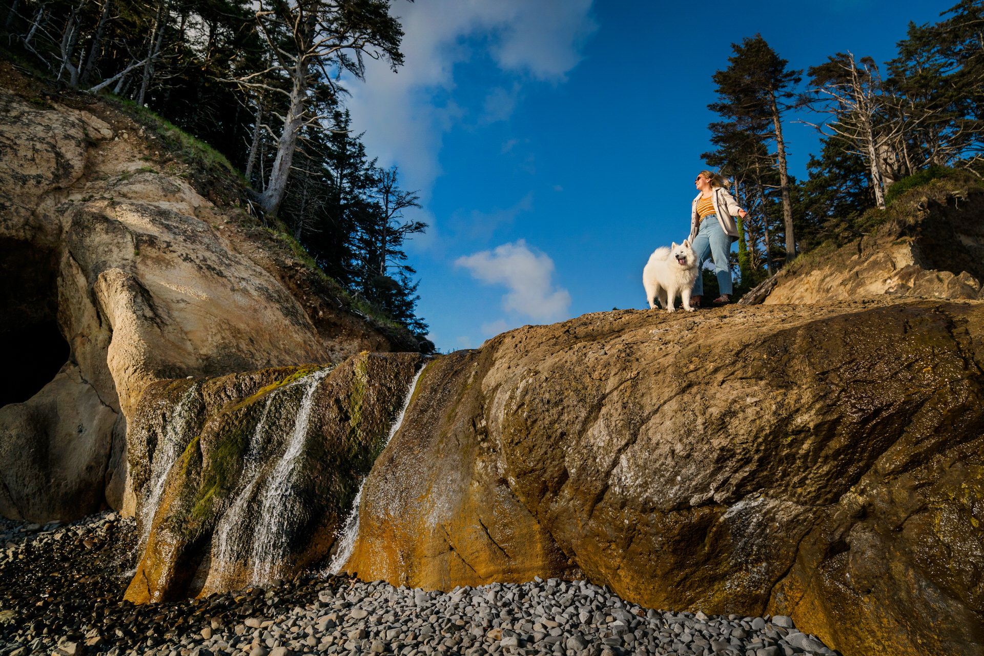 Oregon Coast waterfall with a dog and woman