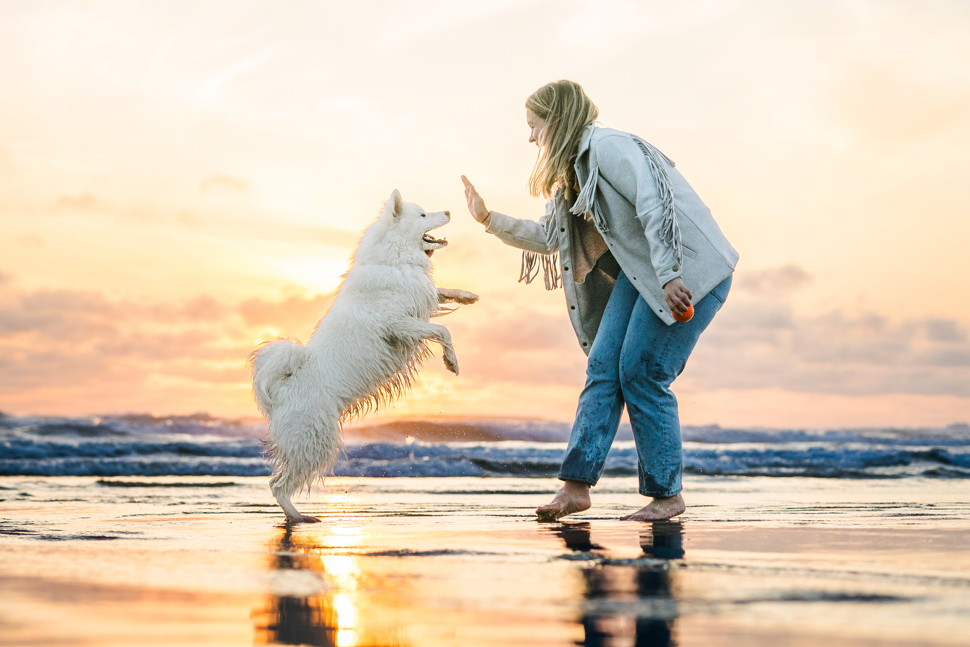 dog and woman playing together in Cannon Beach