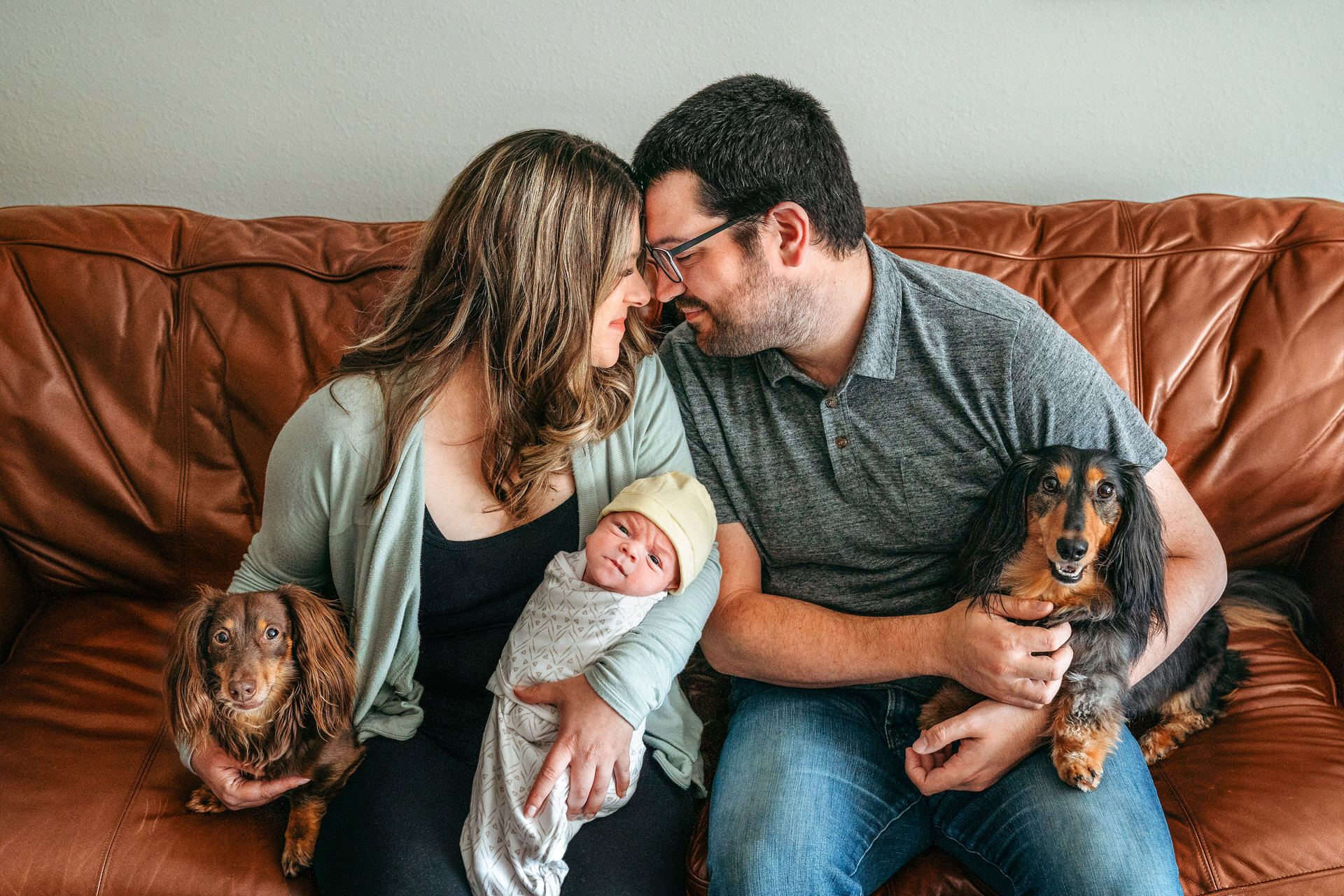 Couple sits on couch with their newborn baby and 2 dachshunds