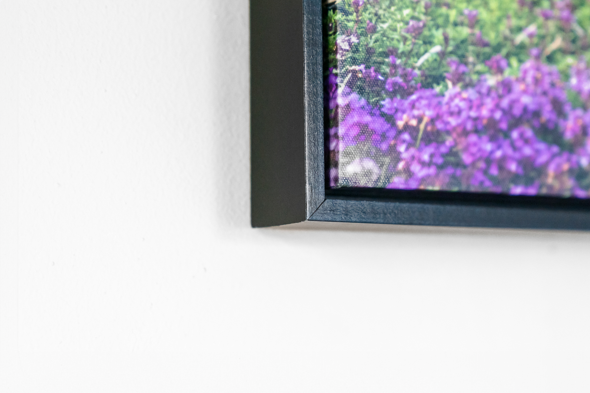 Close-up of framed purple flowers artwork on wall.