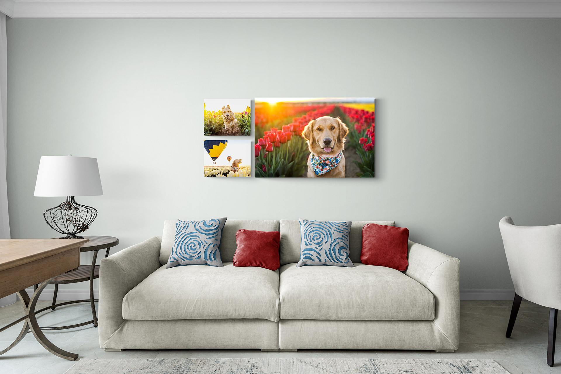 Modern living room with dog-themed wall art.