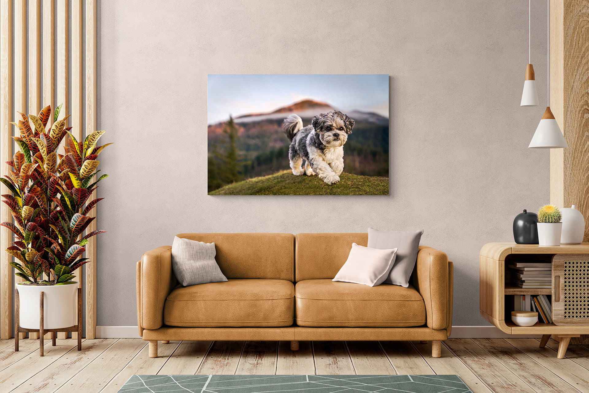Dog running in mountains, canvas art in living room decor.