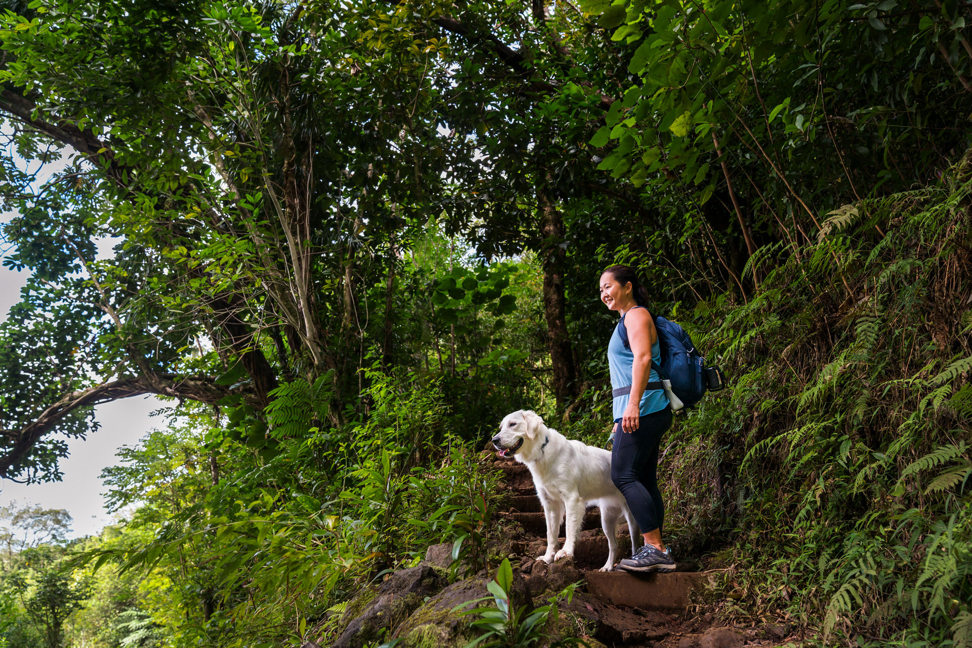 Woman and dog hiking in lush forest.